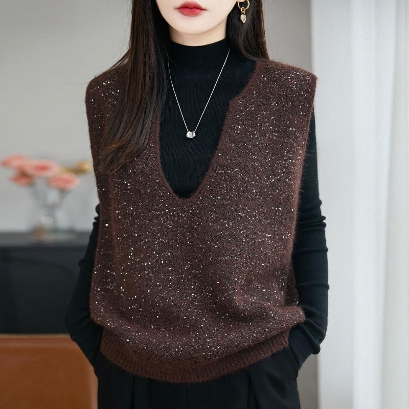 French Style V Neck Sequin Sleeveless Knit Vest Women Casual Layering Top