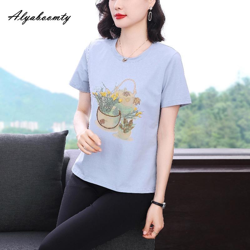 Plus Size Summer Women Basic Cotton Top O Neck Pink White Blue Embroidery Ladies' T-Shirt Short Sleeve Casual Loose Tee