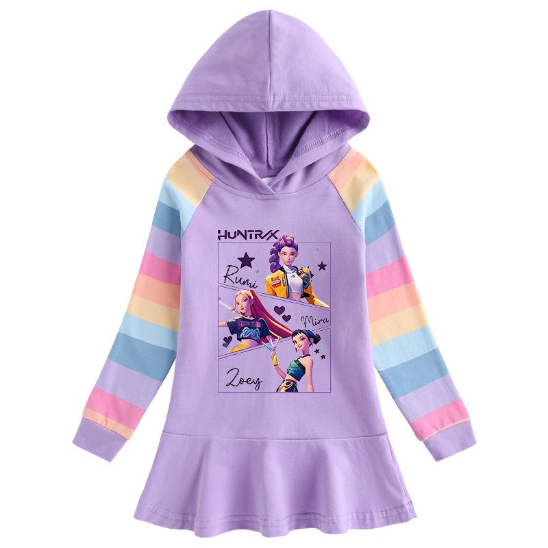Kpop Demon Hunter Girl Cartoon Rainbow Ruffle Dress – Long Sleeve Hooded Princess Dress for Spring/Autumn