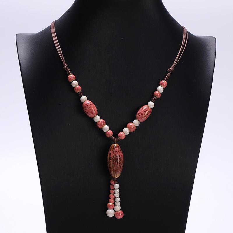 JMXD-ethnic Style Ceramic Necklace, Hand-woven Knotted Beaded Rope Chain, Non-fading Sweater Chain