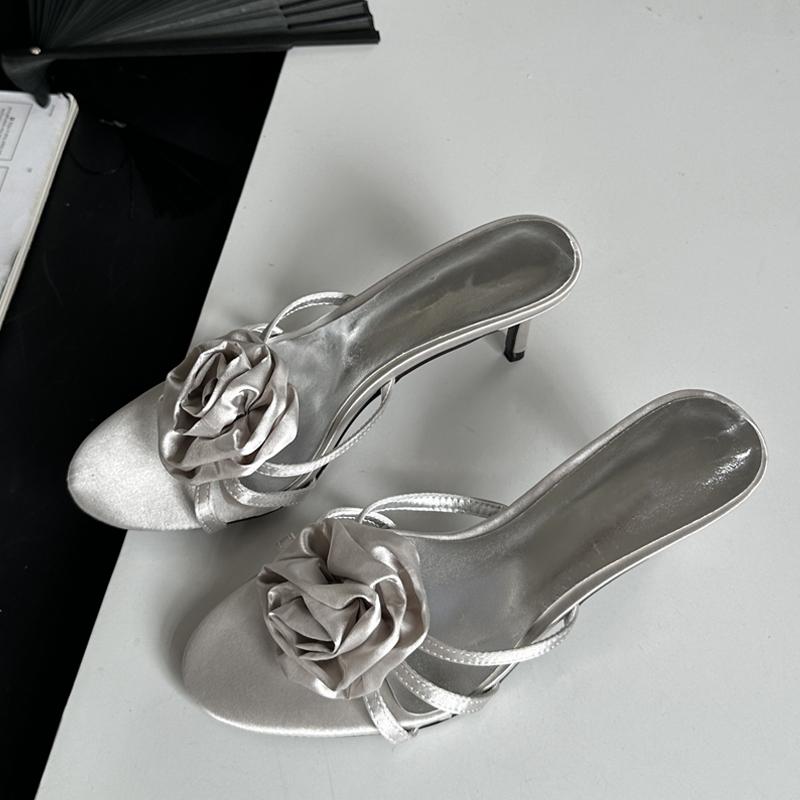 Eilyken Summer Flower Woman Slippers Thin Low Heels Narrow Band Party Stripper Ladies Mules Slides Zapatos Mujer