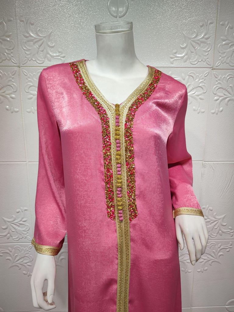 AB073 Women's Lace Abaya with Ribbon & Hot Drill Detail - Middle Eastern Fashion Robe