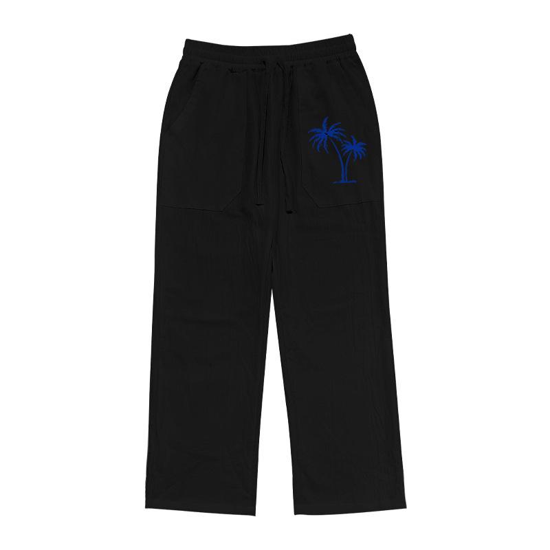 New fashion casual beach trousers men's coconut tree print cotton and linen loose trousers