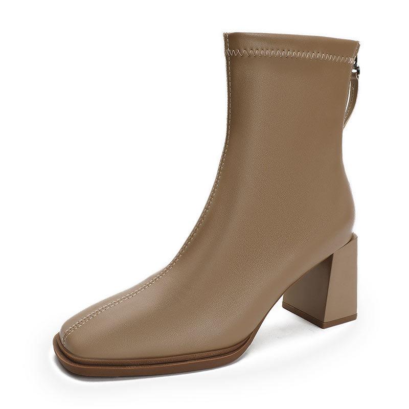 Γυναικείες Γαλλικές Μποτάκια Αστραγάλου με Ψηλό Τακούνι Μπότες Μόδας με Χοντρό Τακούνι Μαλακό Δέρμα Ανοιξιάτικες και Φθινοπωρινές Μονές Μπότες Μπότες με Τετράγωνη Μύτη