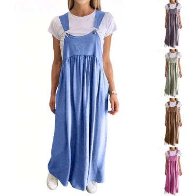 Women's Fashion Solid Color Suspenders Cotton Linen Dress Long Skirt
