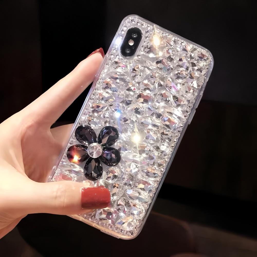 Glitter Rhinestone Flower Phone Case For iPhone 17 16 15 14 13 12 11 Pro Max Air mini 16e 8 7 Plus X XS XR SE, Sparkling Crystal Diamond Cover