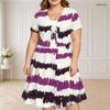 Women Plus Size Two Piece Dress Set Short Sleeve V Neck Tie Front Shrug Black White Printed Flared Dress