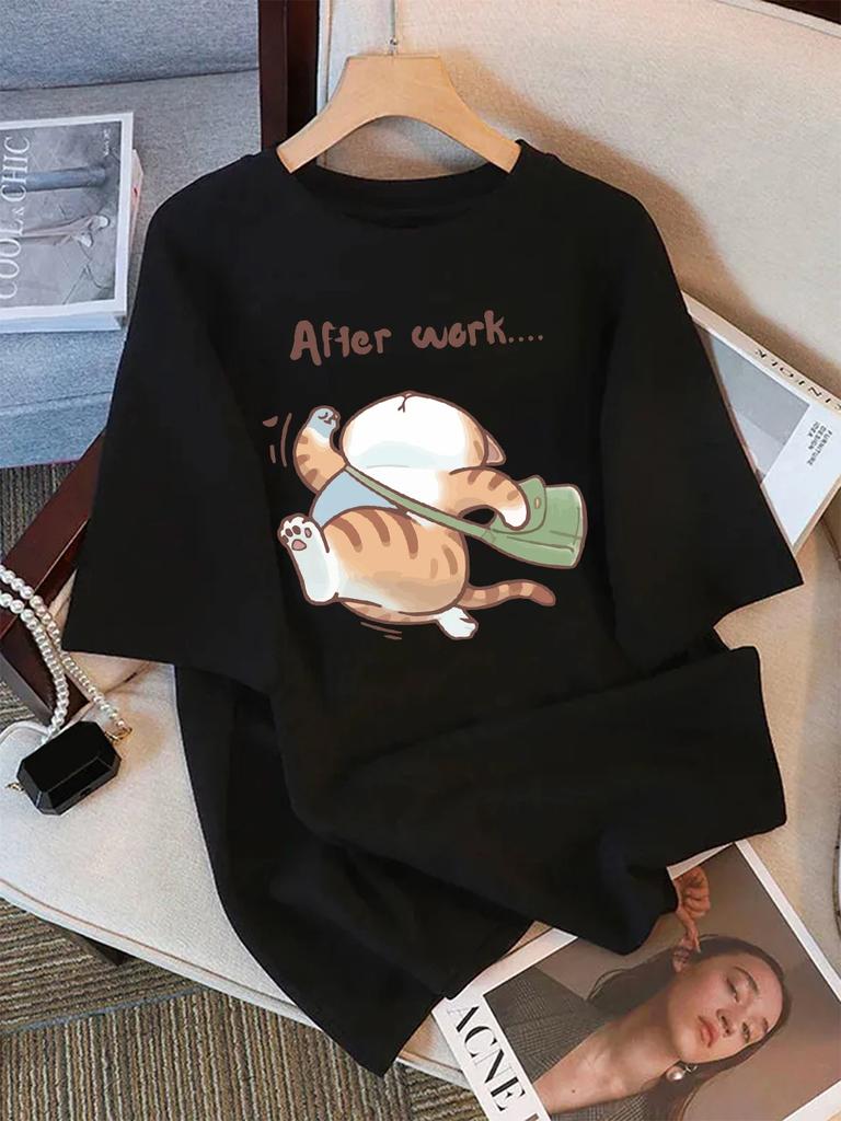 Summer TShirts Womens The Cat That Runs After Work Prints Tops Soft ONeck Short Sleeve Tees Basic Clothes Women Clothes