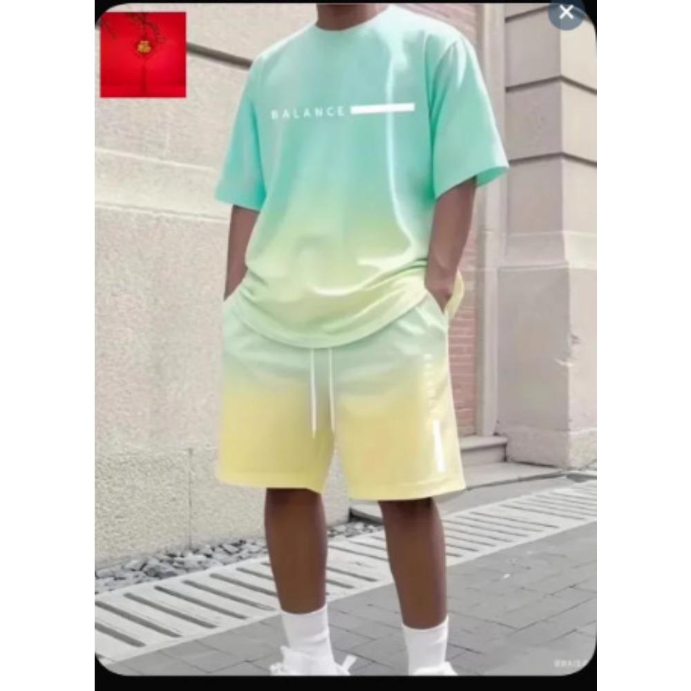 Summer Men's Fashionable Gradient Color 3D Digital Printed Round Neck Short Sleeved Shorts Set Loose Oversized Breathable Comfortable Sports Wear