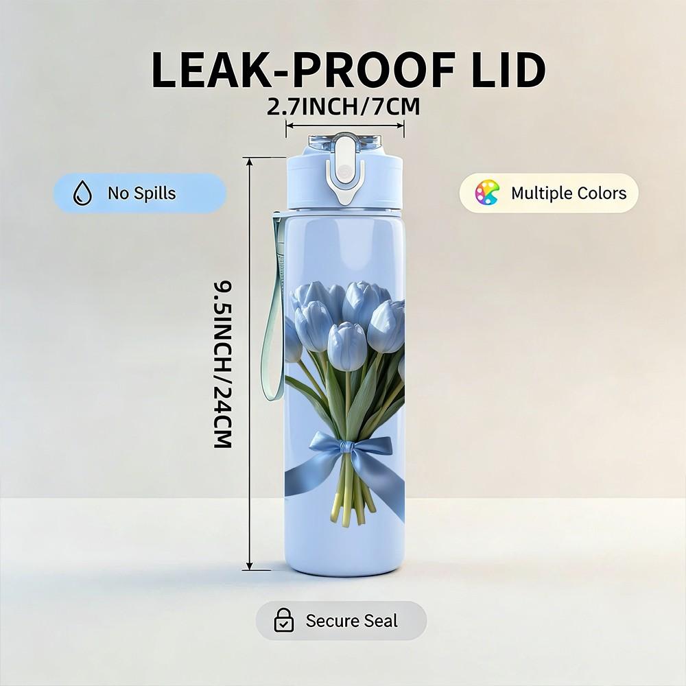 1PC Blue Cornflower Bouquet With Ribbon Print 750ml Color Plastic Sports Water Bottle Leakproof Flip Straw Lid Suitable for Sports Office Home Use