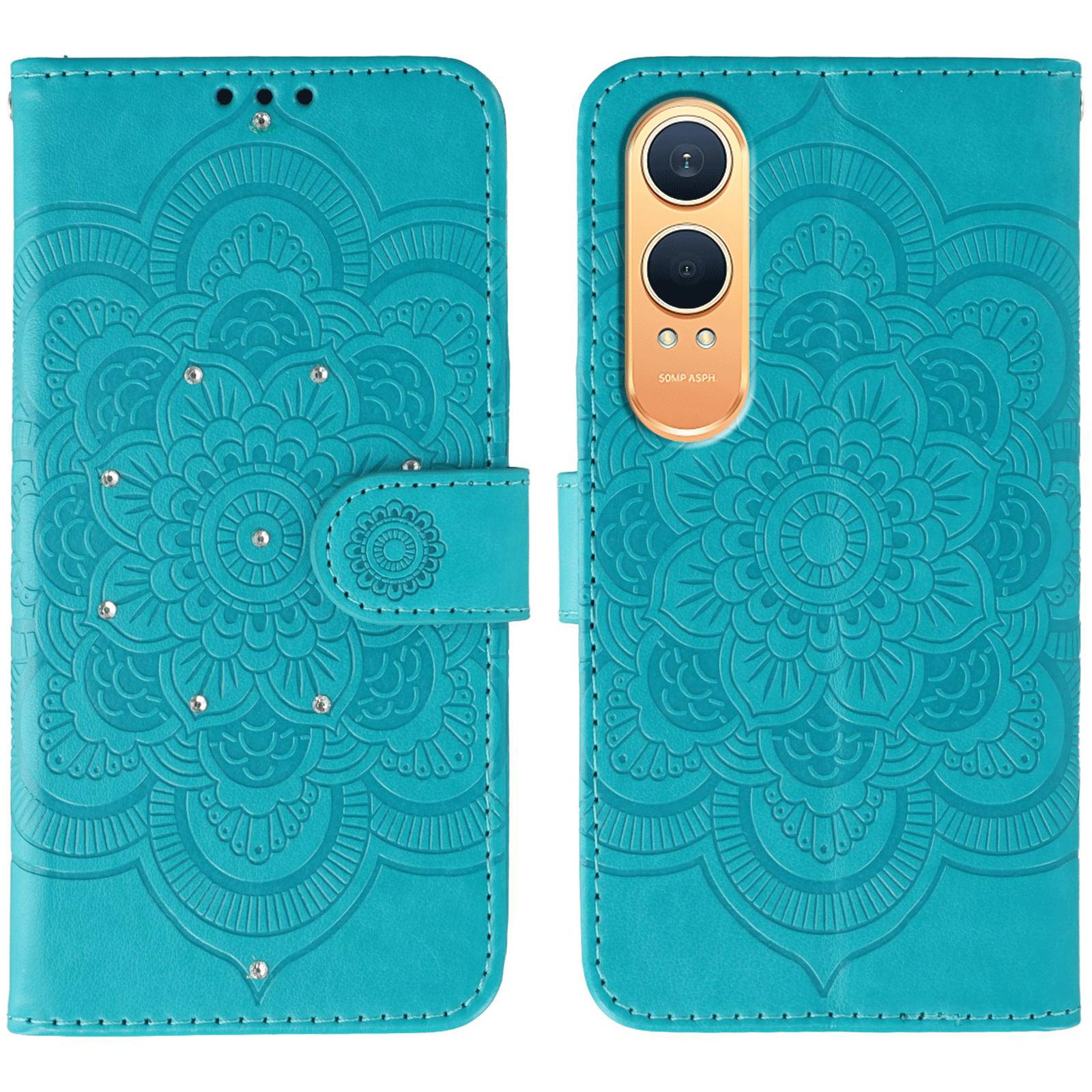 

Для OnePlus Nord CE4 Lite 5G/Oppo K12x 5G (Китай) Чехол с отделкой стразами, из ПУ кожи, с тисненым дизайном мандалы, чехол для телефона с ремешком на запястье Blue