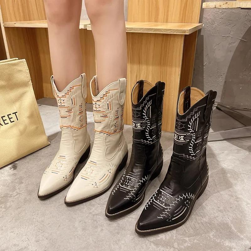 Womens Mid-calf Boots Fashion Pointed Casual Leather Boots Classic Embroidery Western Cowboy Boots Women Knight Boot Botas Mujer
