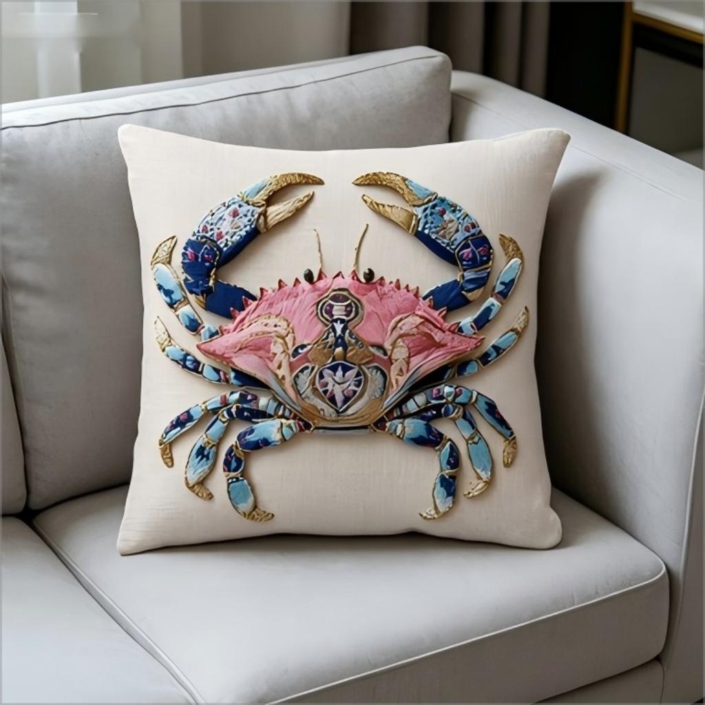 Ornate Crab Throw Pillow Cover 2D Embroidery Effect Coastal Print Decorative Cushion Cover For Nautical Beach Home Decor