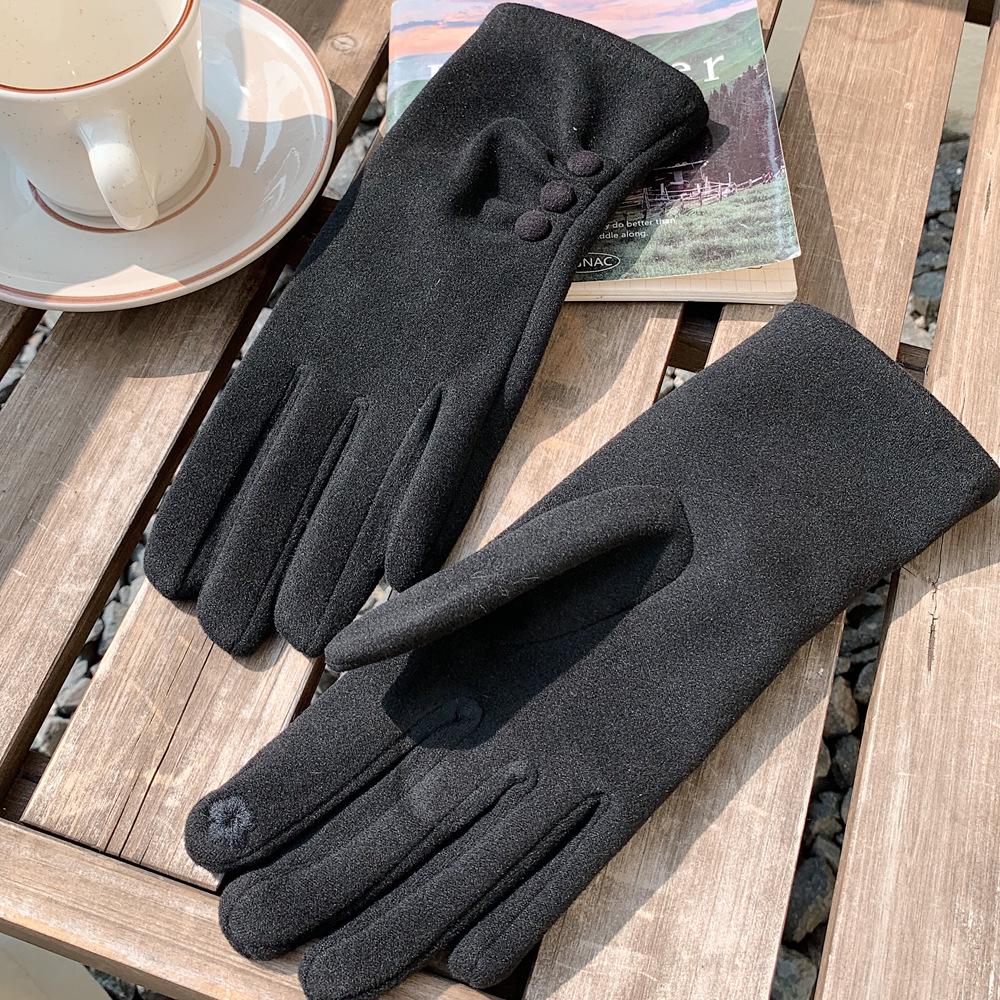 Autumn & Winter Velvet-Lined Solid Color Cycling Gloves with Button Design