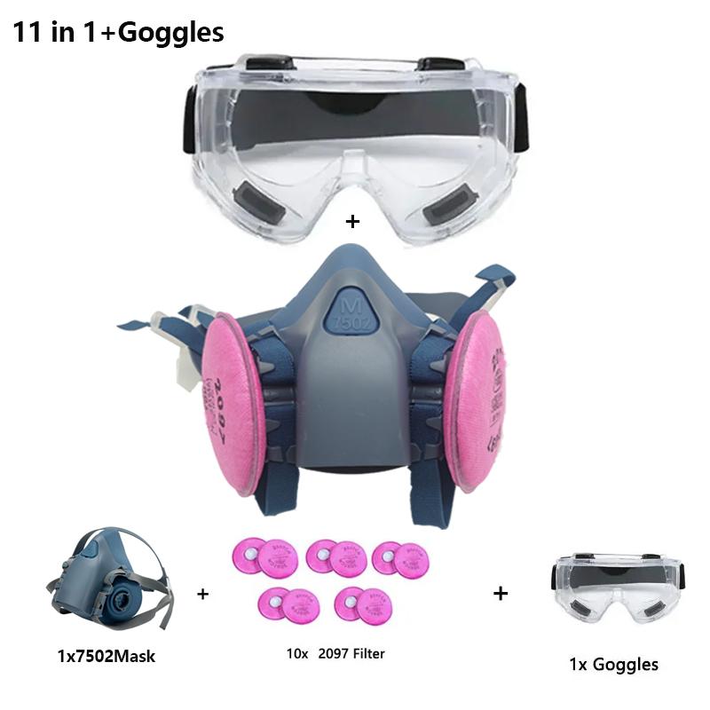 7502 Silicone Respirator Gas Mask With 2097 Filter Goggles Set For Epoxy Dust Paint Organic Vapor Formaldehyde Welding Grinding Mass Air Flow 3