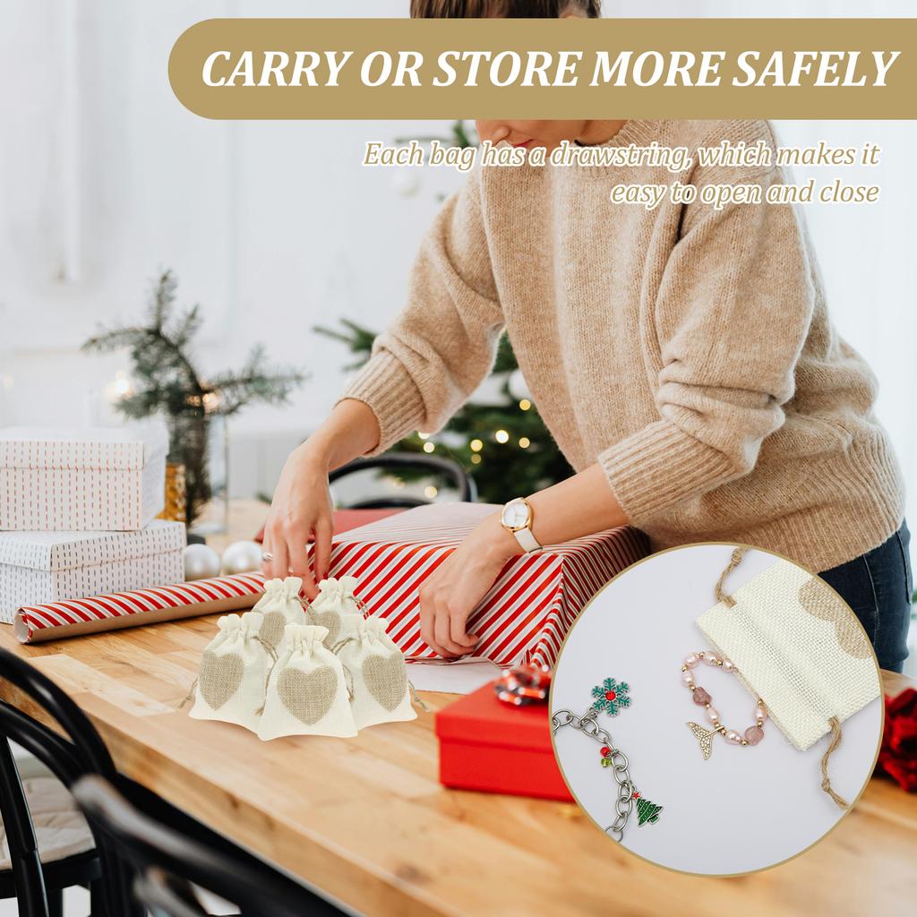 50Pcs Drawstring Jute Bags Reusable Linen Small Present Bags with Heart Pattern Versatile Empty Sachet Pouch for Presents