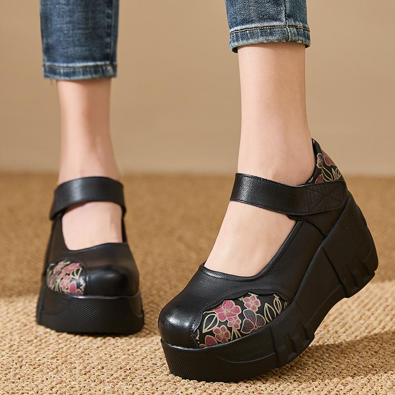 Fashion GKTINOO Thick Soled Heightening Pumps 2025 Spring New Genuine Leather Hook & Loop Versatile Retro Women's Platform Shoes