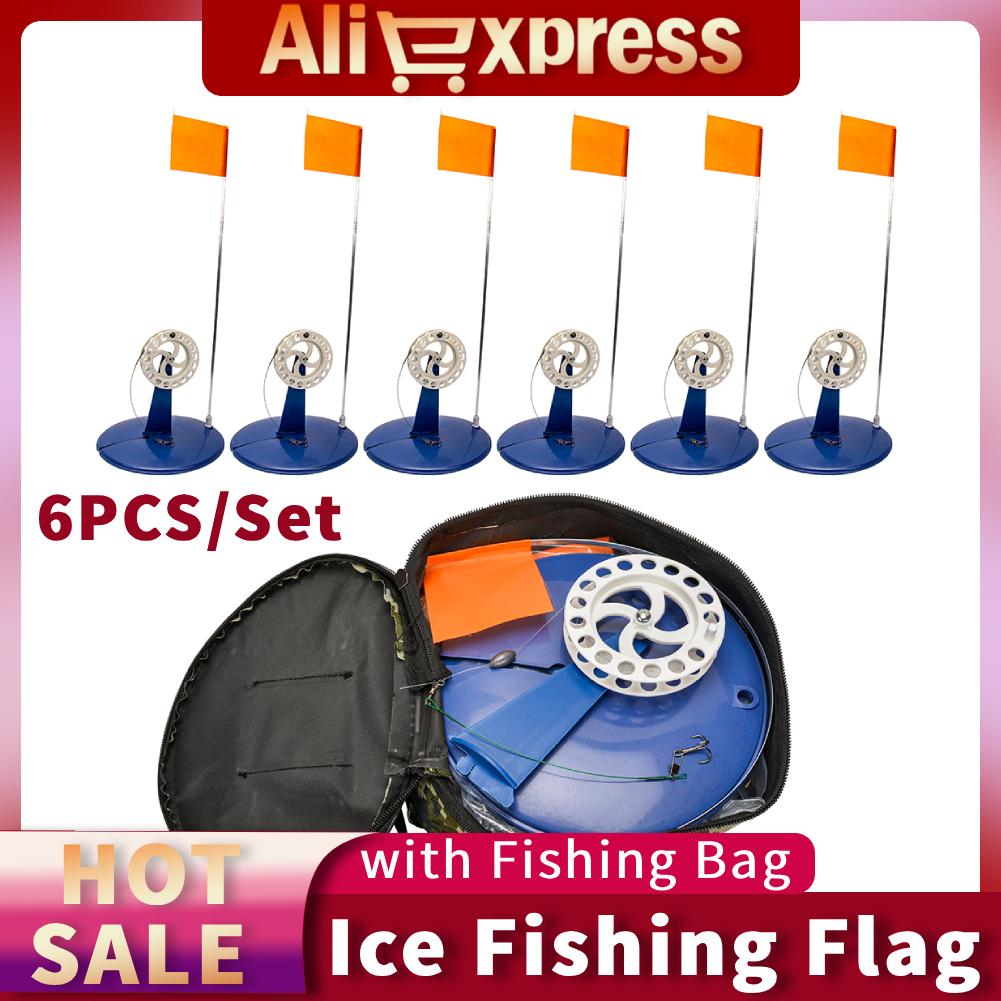 6pcs Ice Fishing Flag Convenient Braking System Ice Fishing Supply with Fishing Bag Fishing Accessories for Saltwater Freshwater