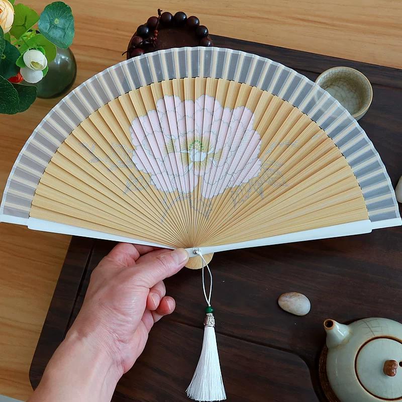 Peony Fan Chinese Ancient Style Summer Portable Semi-Transparent Short Surface Spray Painting Japanese Folding Fan Special Dance Fan Gift