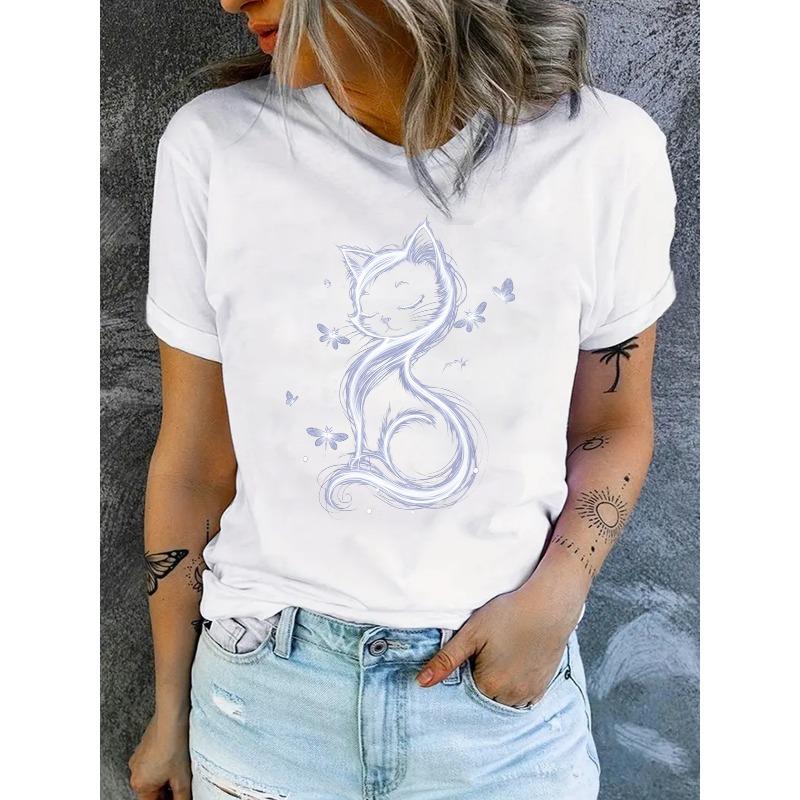 Women's Elegant Cat Print Short Sleeve T-Shirt Casual Versatile Commute Vacation Top S-XXL Multiple Colors