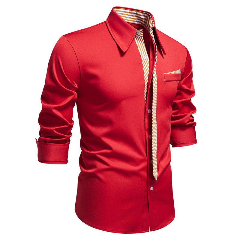 Autumn Men's Fake Tie Long Sleeve Shirt Men New Fashion Special Design Solid Shirts Male Versatile Casual Social Wedding Party