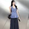 Korean retro blue plaid sleeveless neck sling vest women's summer new waist design niche top