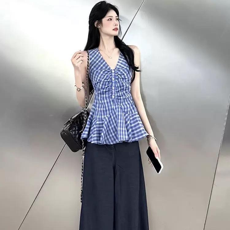 Korean retro blue plaid sleeveless neck sling vest women's summer new waist design niche top