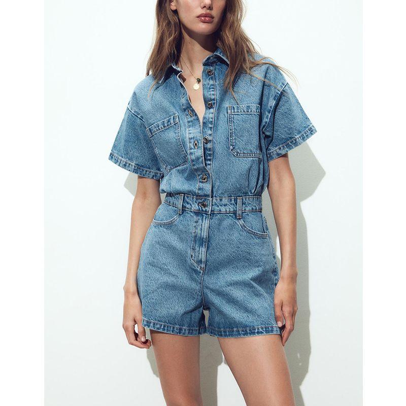Summer New Women Clothes Western Style Lapel Short Sleeve Denim Short Jumpsuit 1879039 0108027