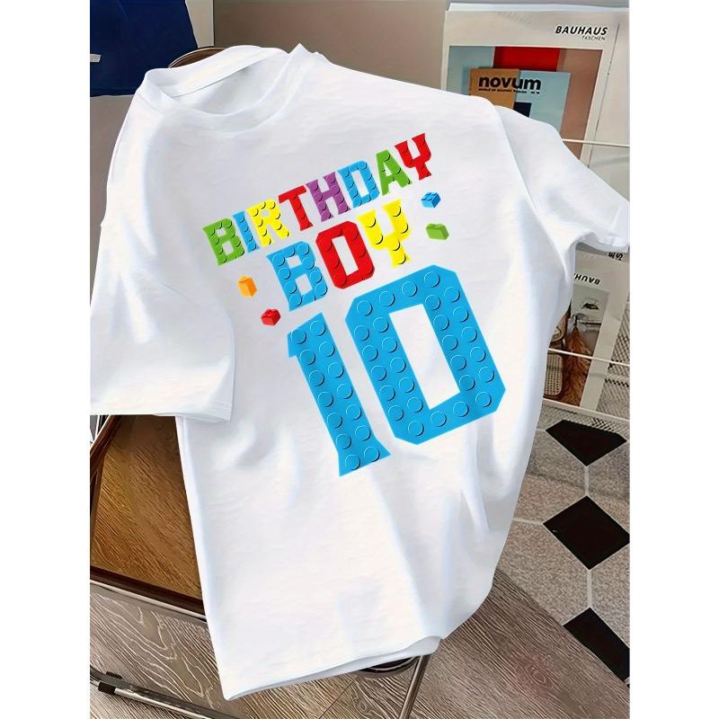 European Sizes Boys' 10th Birthday T-Shirt Sleeve Round Neck Casual Party Outfit with -Inspired Number 10 Bricks Design, Summer Birthday Party Shirt