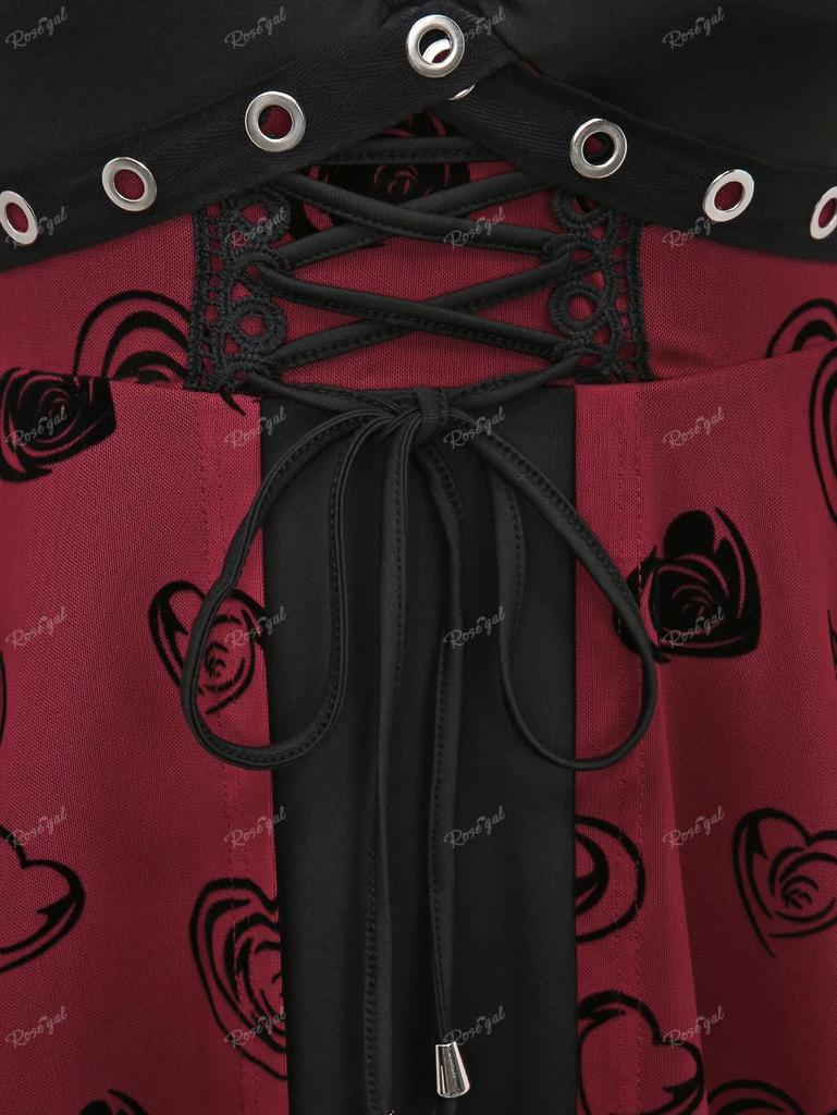Rosegal Plus Size Lace Up Grommets Rose Flower Heart Flocking Mesh Ruched Asymmetrical Long Sleeve 2 In 1 Top