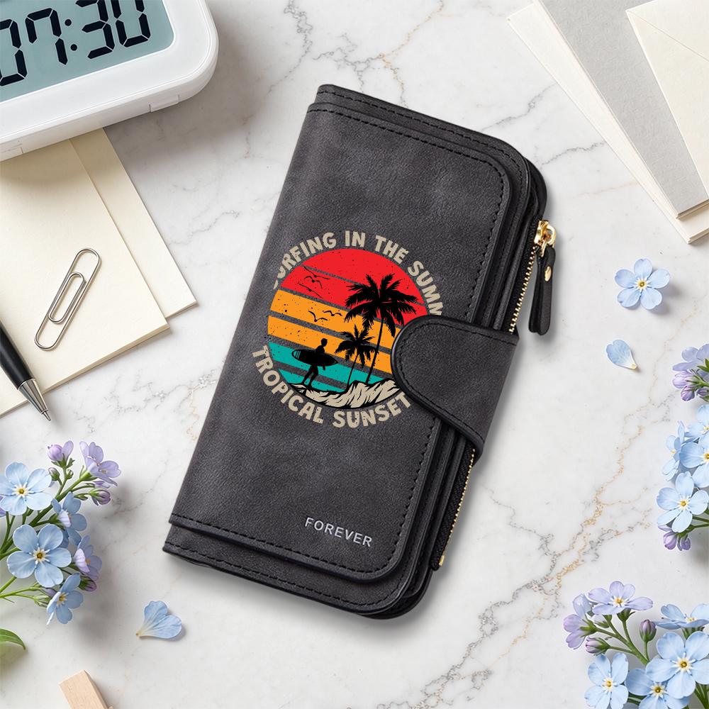 Vintage Surf Print Long Wallet Multi Card Slot Daily Casual Purse For Tropical Summer