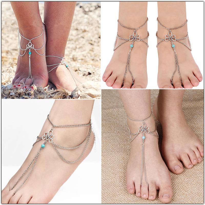 

Модный летний пляжный бирюзовый кулон с полыми цветочными благоприятными облаками, многослойной цепочкой с кисточками, цепочкой для пальцев ног, украшением для ног