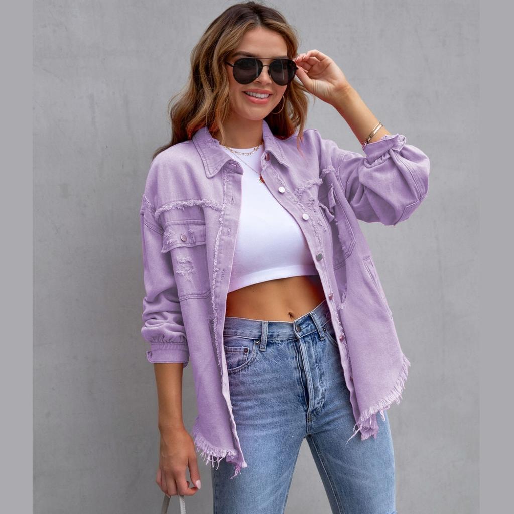 נשים קז'ואל עליוניות בגדי נשים חולצת רטרו עם שרוולים ארוכים ז'קט חולצת דש ג'ינס לנשים