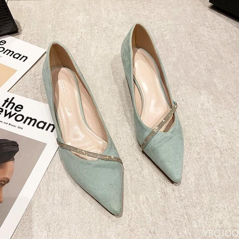 Fashion 2025 Women's One Word Oblique Strap New Pointed Low-heeled Shoes Ladies All-match Small Fresh Rhinestone Shoes Zapatos Pumps