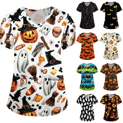 Women Halloween Print Loose V Neck Short Sleeve Medical Scrub Top with Pockets Nurse Uniform Work Shirt for Healthcare Professionals