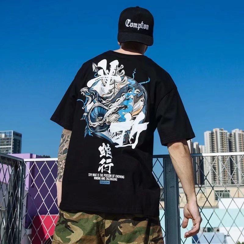 Letní pánské tričko Čínské Harajuku Trend Osobnost Trička Nadměrná Měkká Ležérní Topy Pár Košile do O s krátkým rukávem