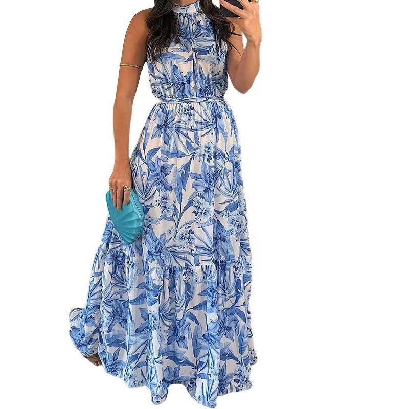 Fashion Wind New Arrival Print Sleeveless Halter Dress Printed Sleeveless Lace up Dress