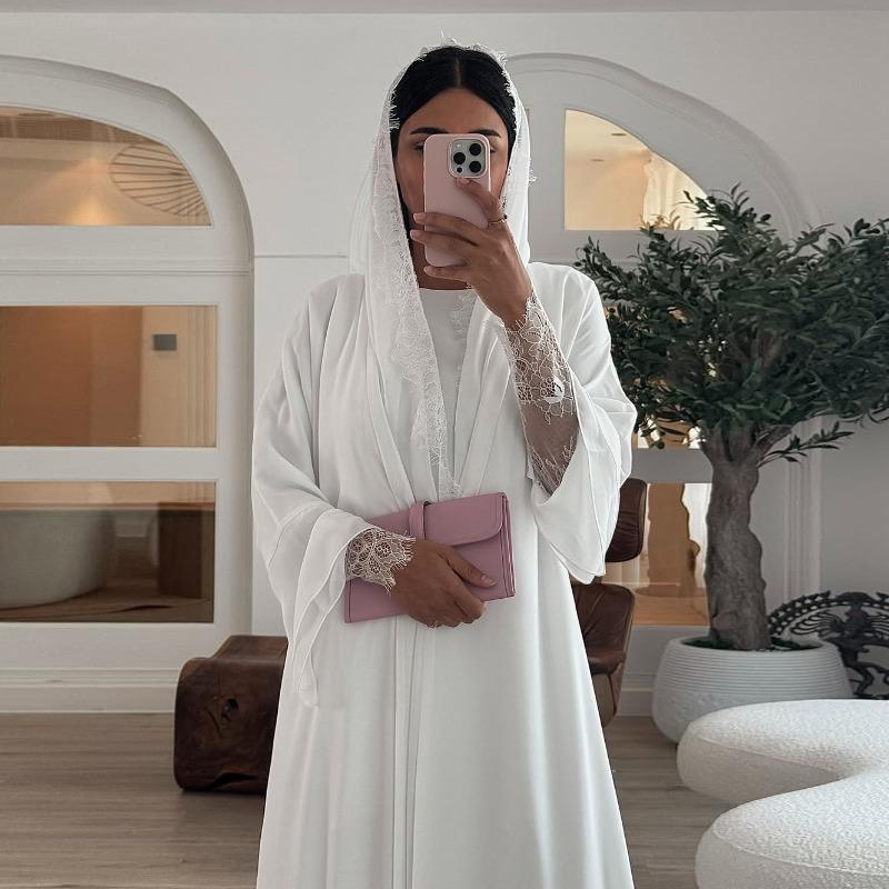Damen Abaya Schal Spitze Ärmel Offener Cardigan Kleid Eid Muslimische Party Jalabiya Ramadan Abayas Marokko Kaftan Arabisches Langes Gewand