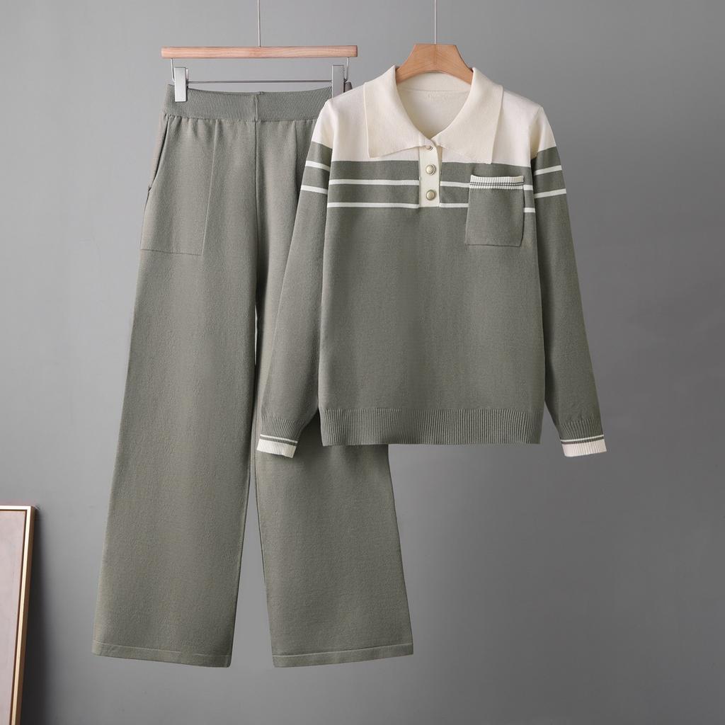 Striped sweater set Spring and Autumn 1116 new loose fashion casual wide-leg pants knitted two-piece set