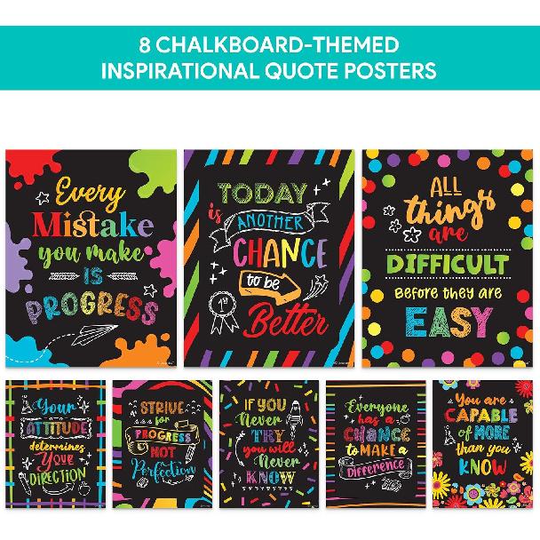 Decorably 15 Chalkboard Welcome Back to School Bulletin Board Decorations, pirational, Matte-Laminated Posters - for Classroom, School Hallways