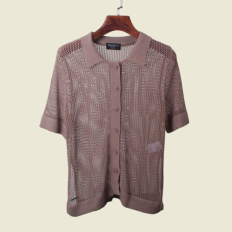 French Entry Lux Sense Polo Collar Short Sleeve Knitwear Summer Thin Hollow Sexy Single Breasted Tops