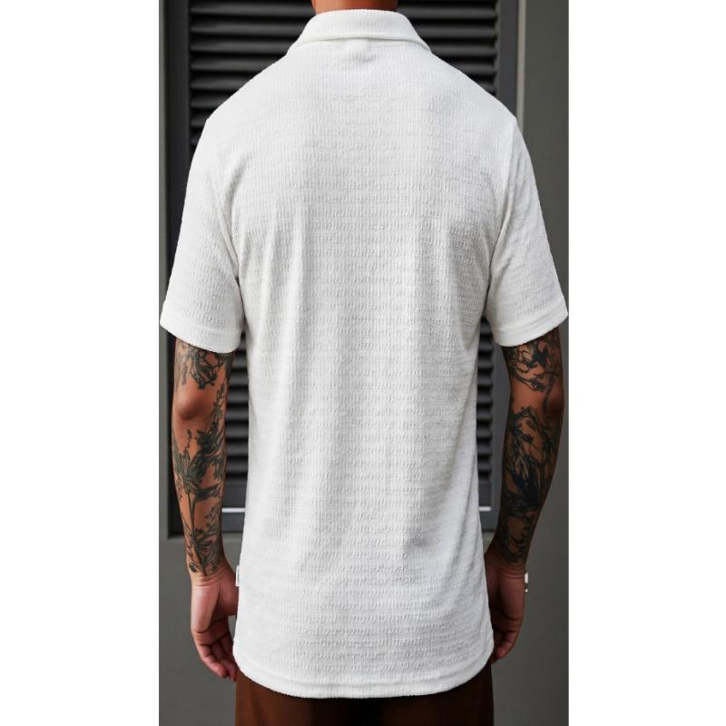 Camisa Jacquard Casual para Hombre con Cuello de Solapa de Manga Corta y Botones