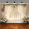 A Fashionable Floral Arch Wedding Background with White Curtains and Gentle Radiance