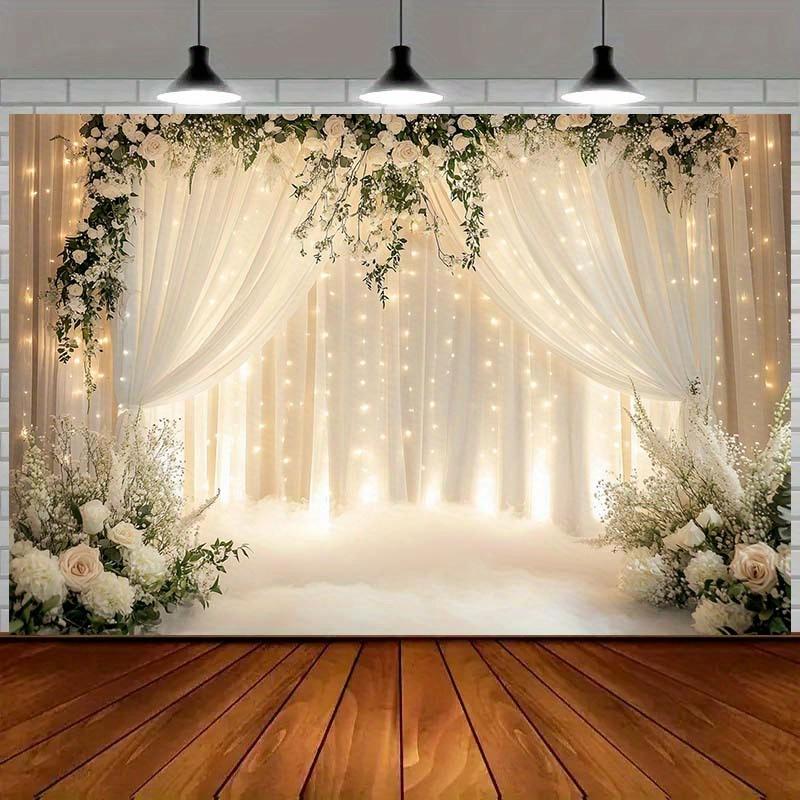 A Fashionable Floral Arch Wedding Background with White Curtains and Gentle Radiance