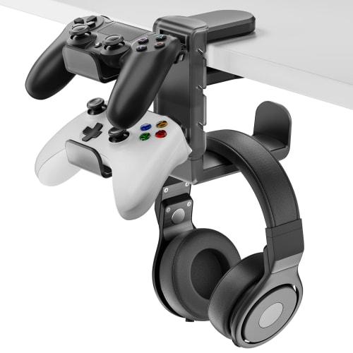 Kawano Shingei Controller/Headphone Stand, Holds 3 Devices Simultaneously, Space-Saving Headphone Hanger, 360-Degree Rotation, Cable Management, Stabi