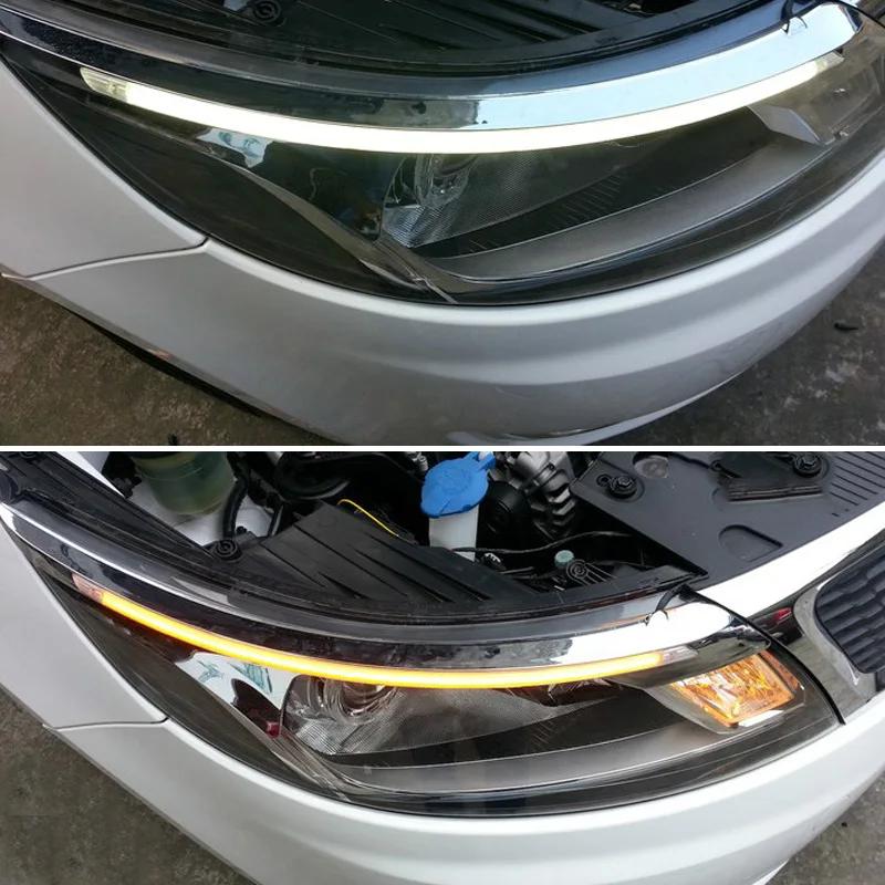 2Pcs 12v LED Car Daytime Running Light DRL Flexible Waterproof Strip Auto Headlights White Turn Signal Yellow Brake Flow Lights