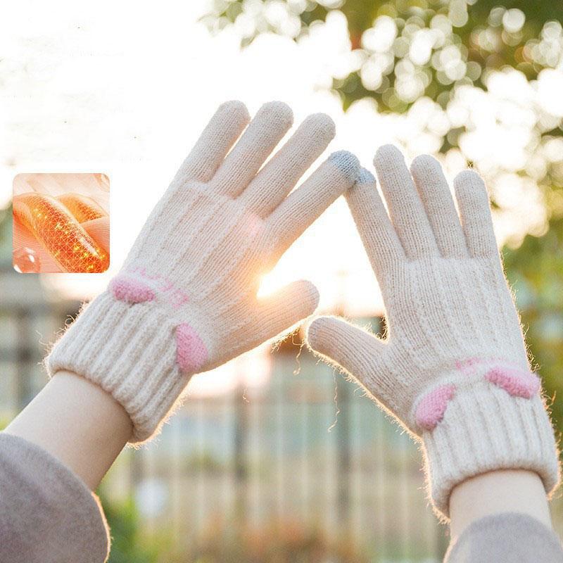 Korean Cat's Ears Cute Knitted Gloves Women Thickened Warm Touch Screen All Finger Gloves Soft Skin Friendly Splice Color Gloves