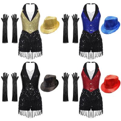 Womens Sparkly Sequined Halter Jumpsuit Backless Fringe Tassel Leotard with Gloves Hat for Jazz Latin Dance Performances