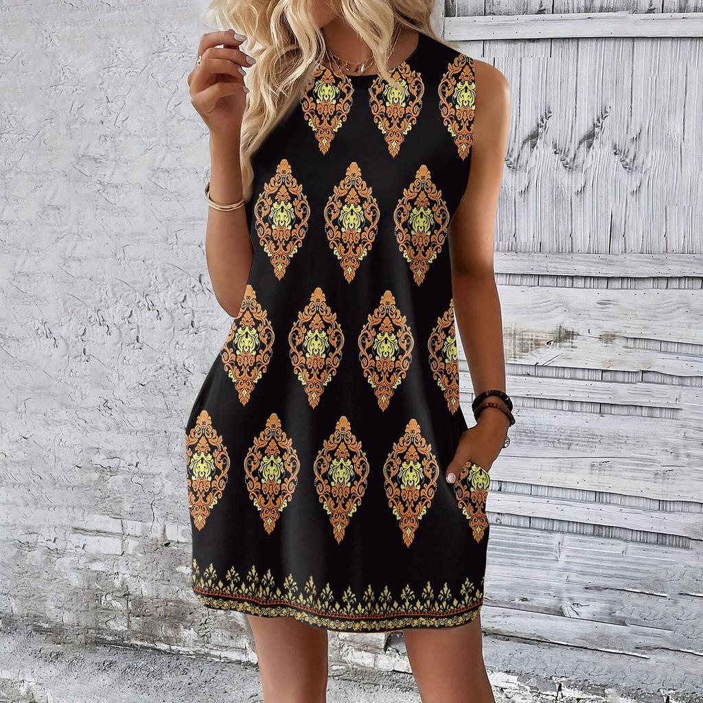 Women's Casual And Fashionable Round-neck Sleeveless Printing Mid Length Dress