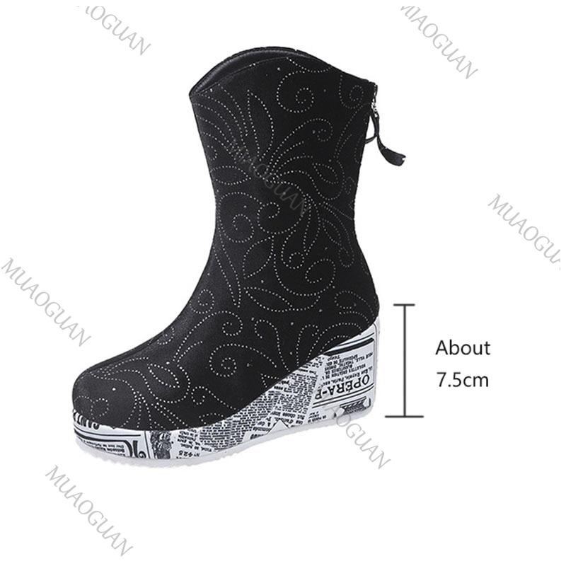 Fashion Printed Mid Calf Boots Women 2025 Autumn Platform Wedge High Heel Booties Fashion Women's Shoes Rhinestone Round Toe Short Botas